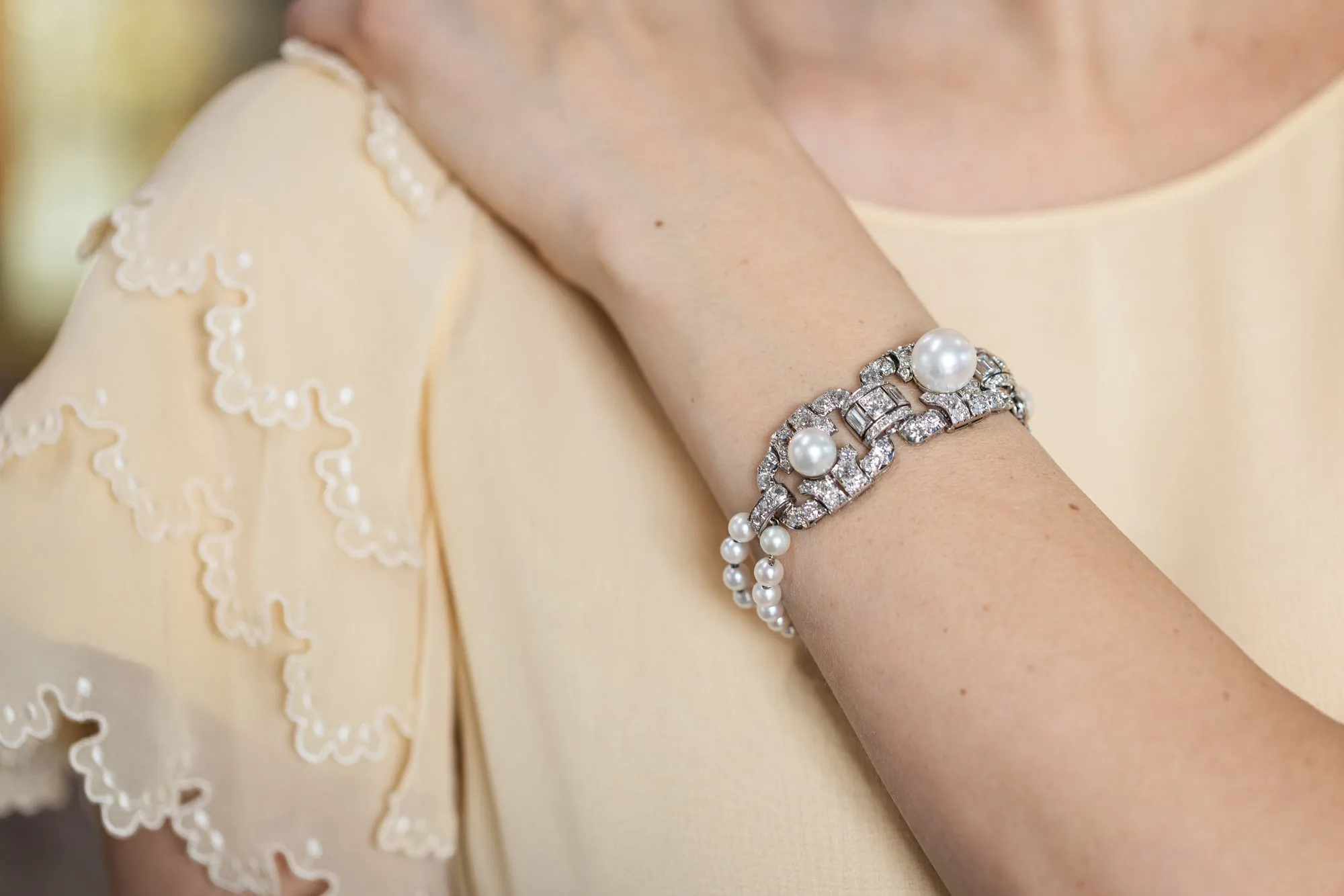 Art Deco Pearl & Diamond Geometric Bracelet