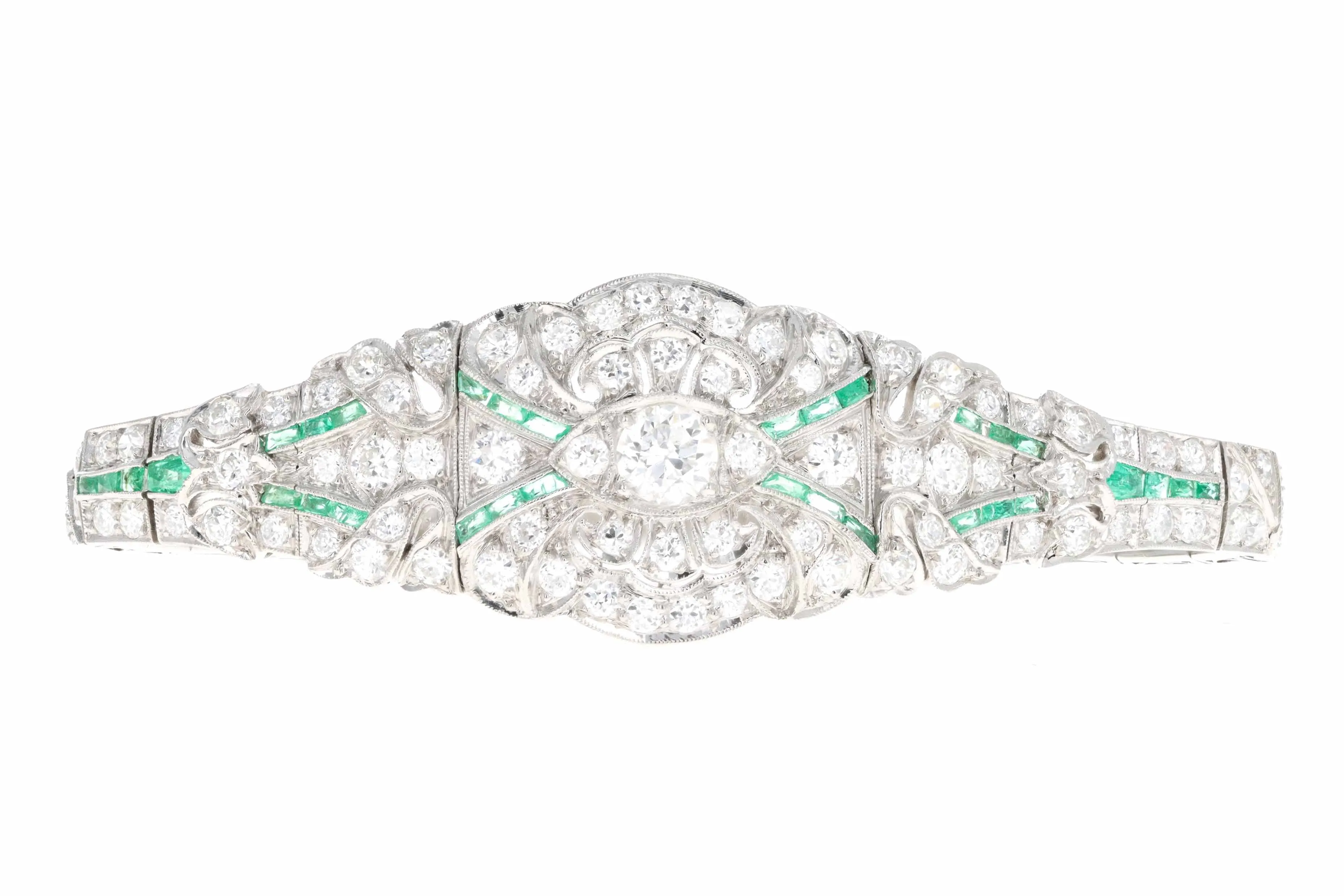 Art Deco Platinum 7.55 Carat Total Weight Old European Cut Diamond & Natural Emerald Bracelet
