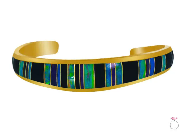 Australian Black Opal & Onyx Cuff Bracelet in 14K Gold