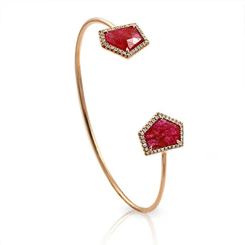 Bangle Cuff Bracelet With Sliced Ruby And 0.36ct Round Diamonds, 14k Rose Gold.