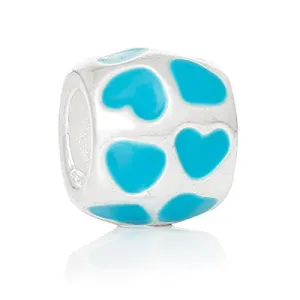 Barrel Enamel Blue Heart Pattern European Bead Compatible for Most European Snake Chain Bracelet