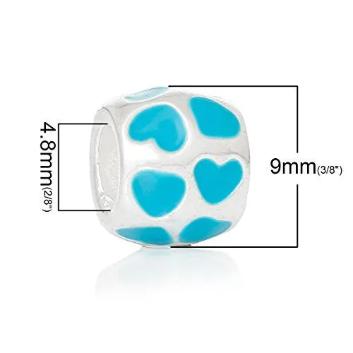 Barrel Enamel Blue Heart Pattern European Bead Compatible for Most European Snake Chain Bracelet