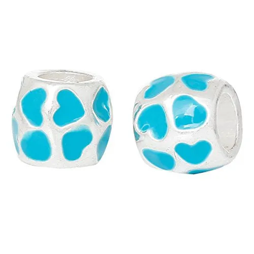 Barrel Enamel Blue Heart Pattern European Bead Compatible for Most European Snake Chain Bracelet