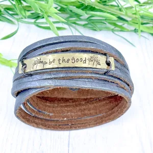 BE THE GOOD Pewter Metallic | Brass Bar | Leather Double Wraps Bracelet | Adjustable
