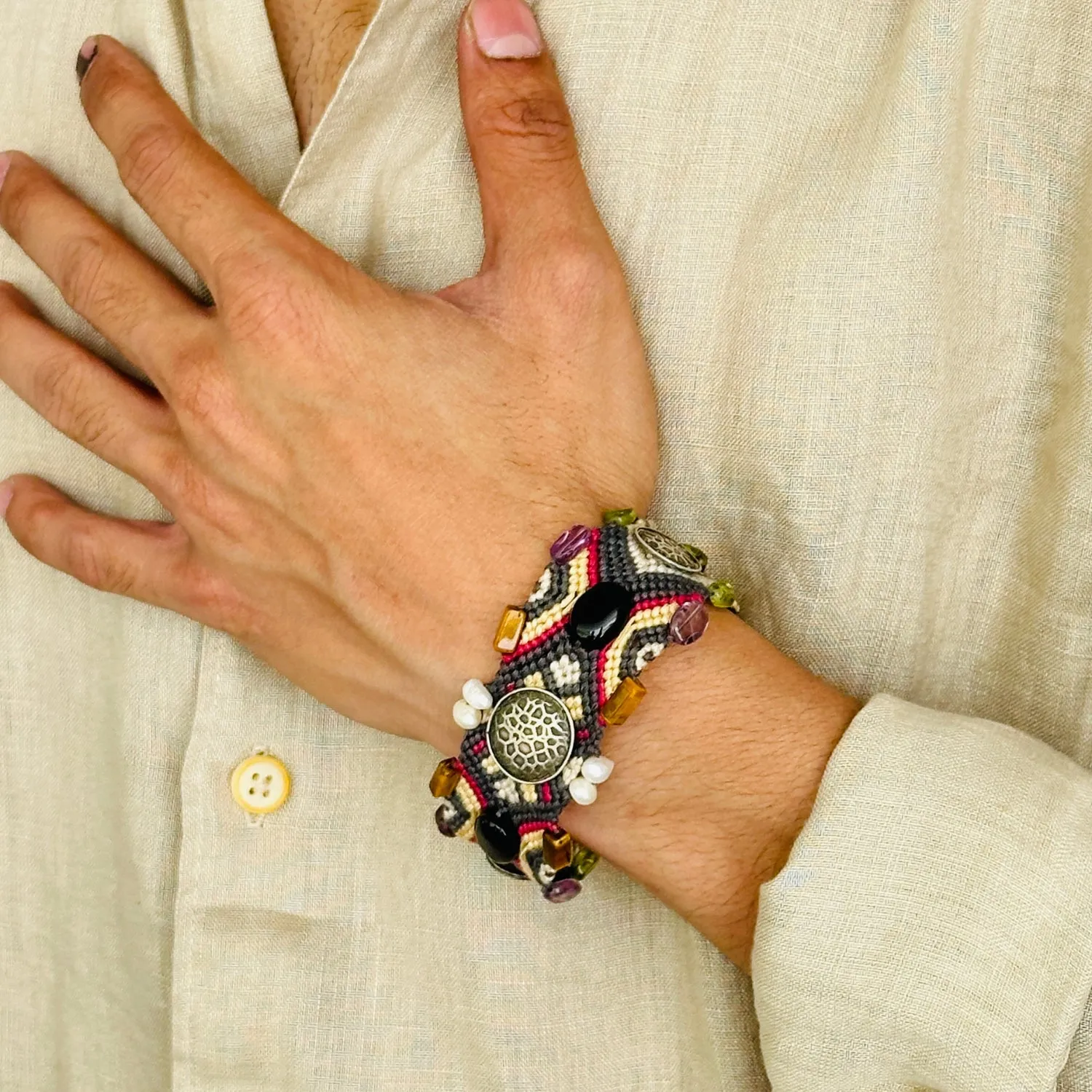 Beaded Boho Power Silver 925 Unisex Bracelet