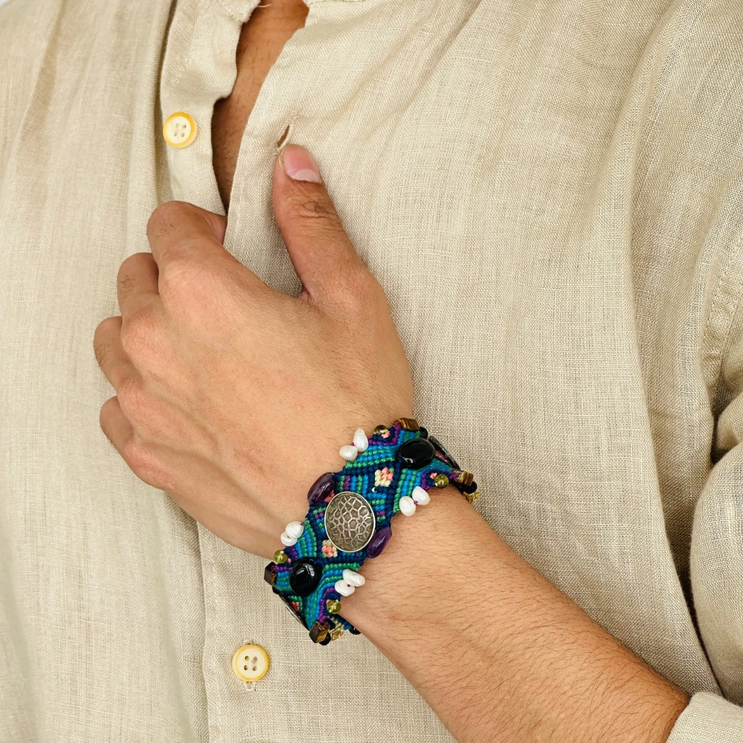Beaded Boho Power Silver 925 Unisex Bracelet