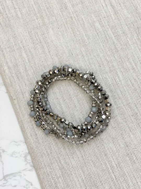 Beaded Stretch Bracelet Stack - Silver & Gray