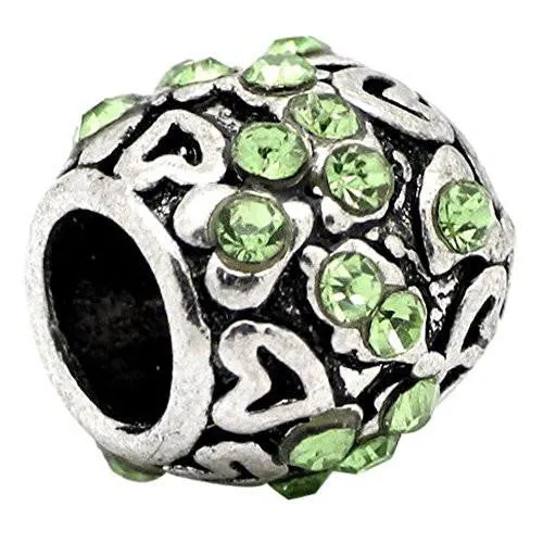 Birthstone  August Peridot Green  Rhinestone Spacer For Snake Chain Charm Bracelet