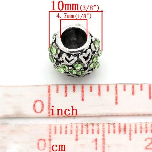 Birthstone  August Peridot Green  Rhinestone Spacer For Snake Chain Charm Bracelet