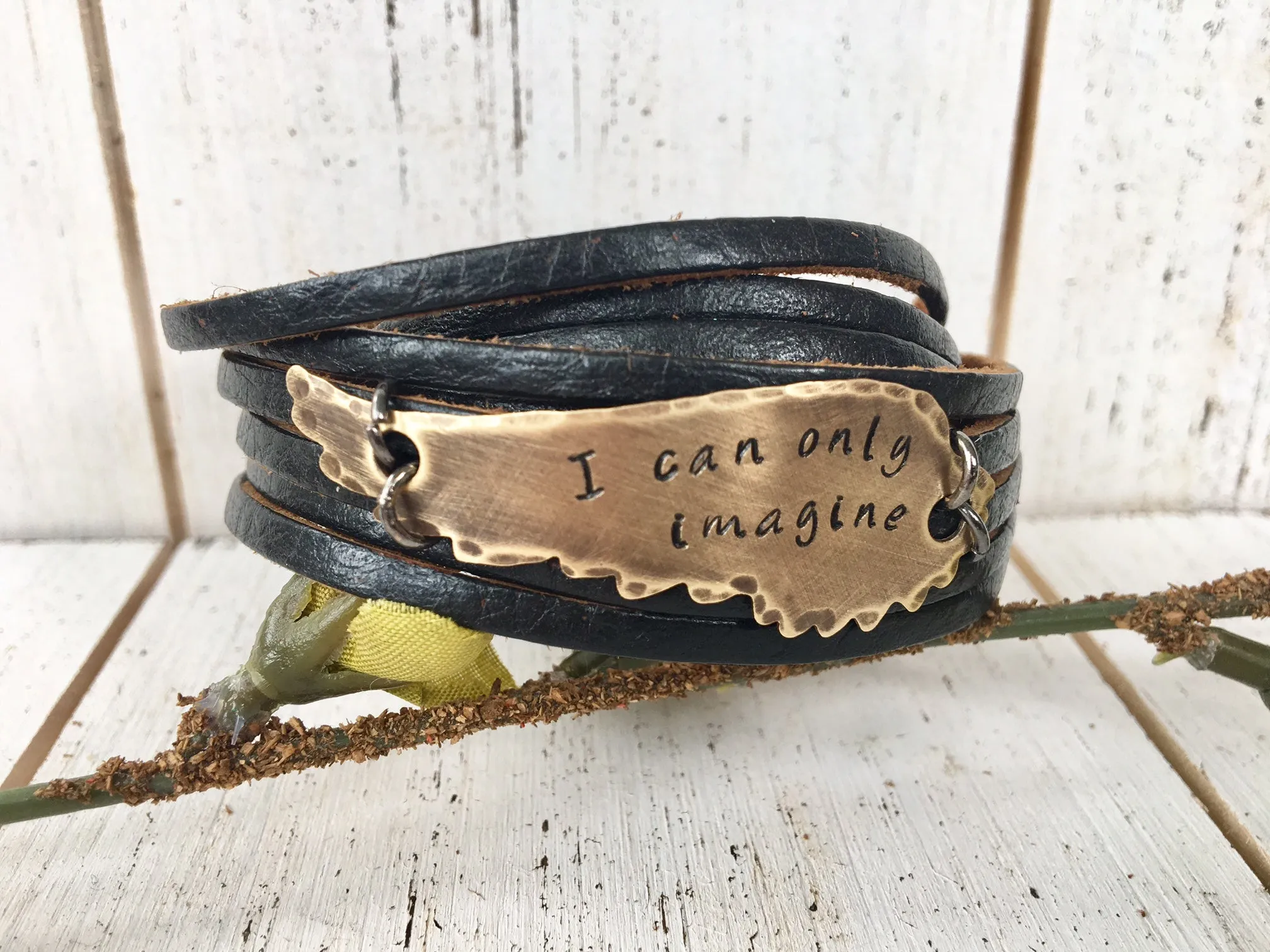 Black | 4 Phrases | Double Leather Wrap | Bronze Wing Bracelet | Adjustable