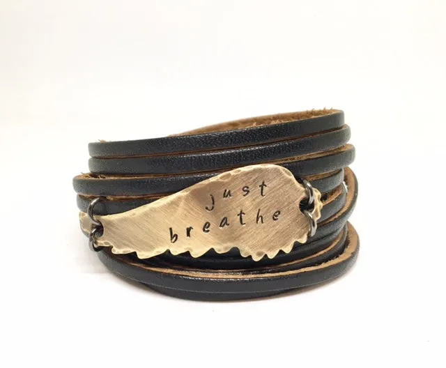 Black | 4 Phrases | Double Leather Wrap | Bronze Wing Bracelet | Adjustable