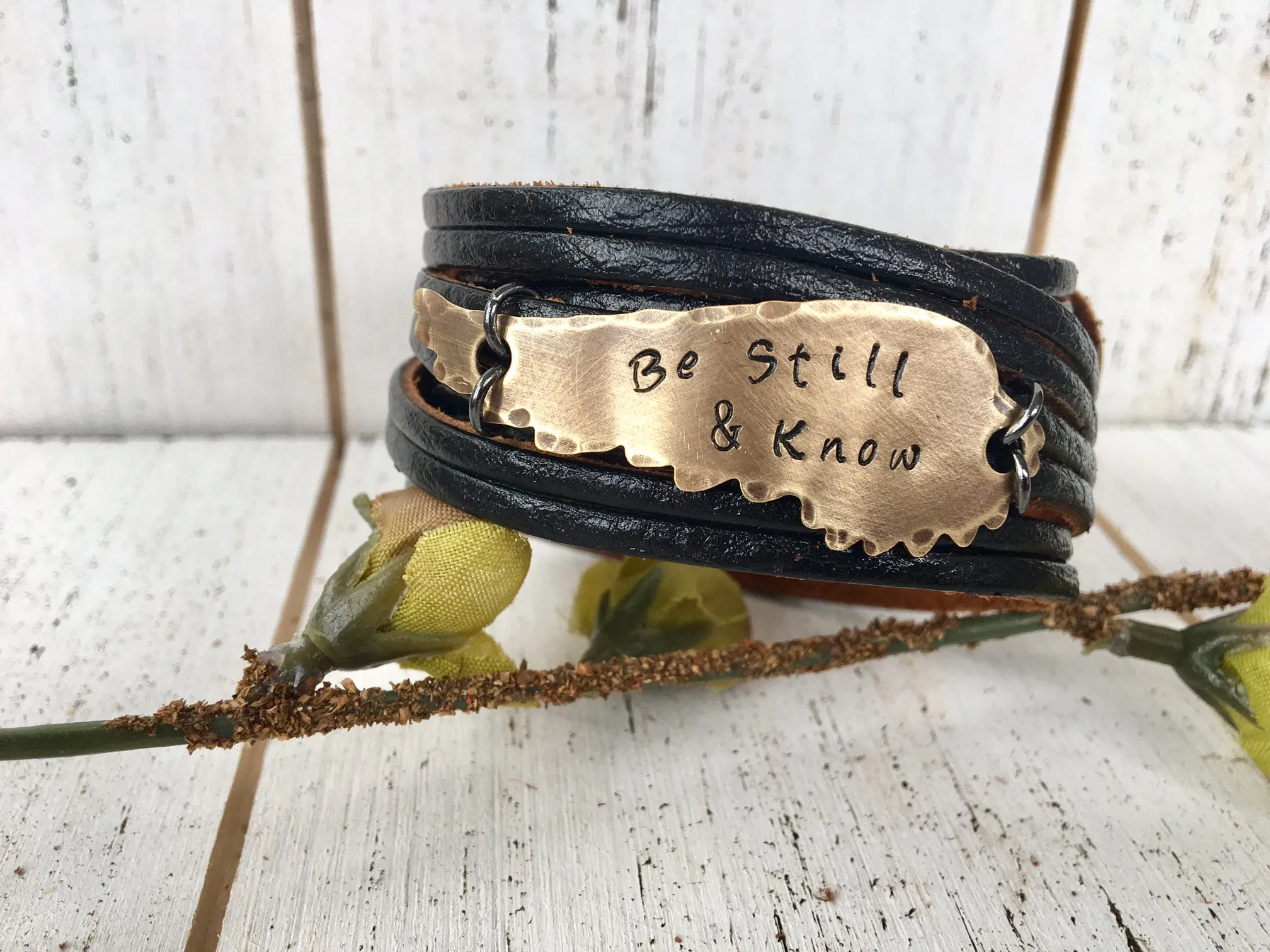 Black | 4 Phrases | Double Leather Wrap | Bronze Wing Bracelet | Adjustable