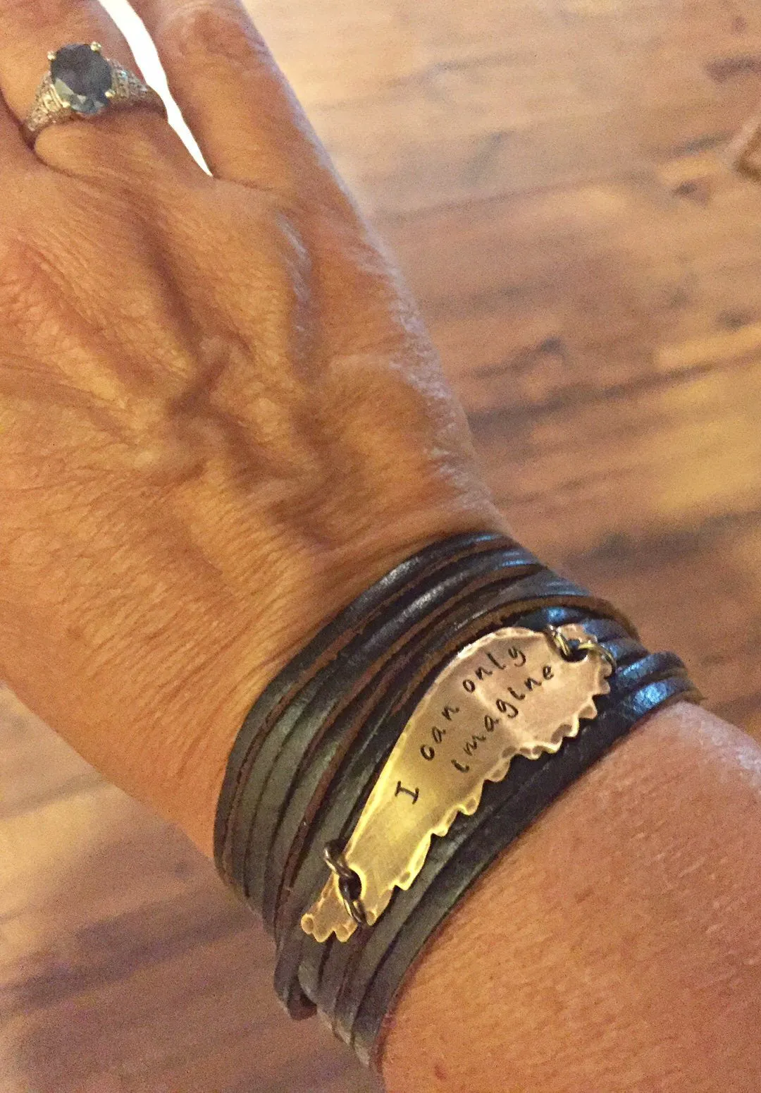 Black | 4 Phrases | Double Leather Wrap | Bronze Wing Bracelet | Adjustable