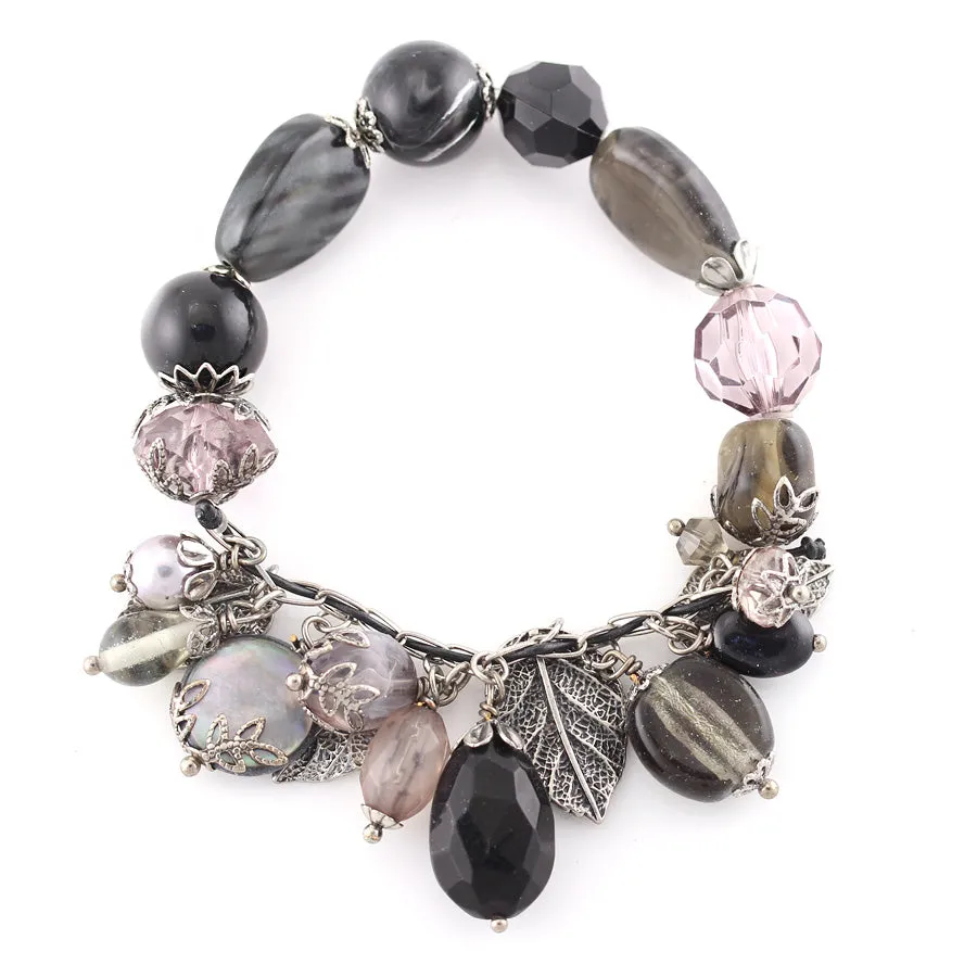 BLACK AND GREY BEADS AND PEARL CHARM STRETCH BRACELETS #219BK2201 (1C7)