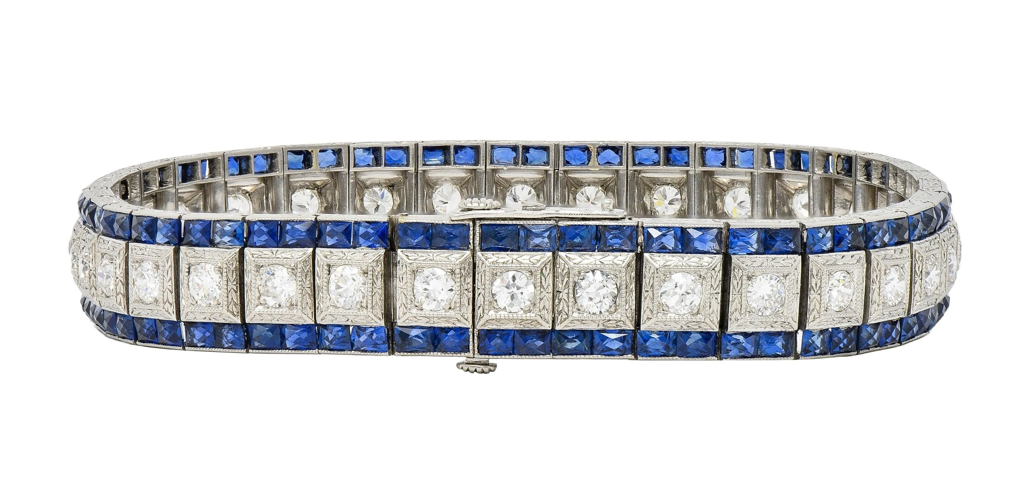 Black Starr & Frost Art Deco 19.72 CTW Diamond Sapphire Platinum Vintage Line Bracelet
