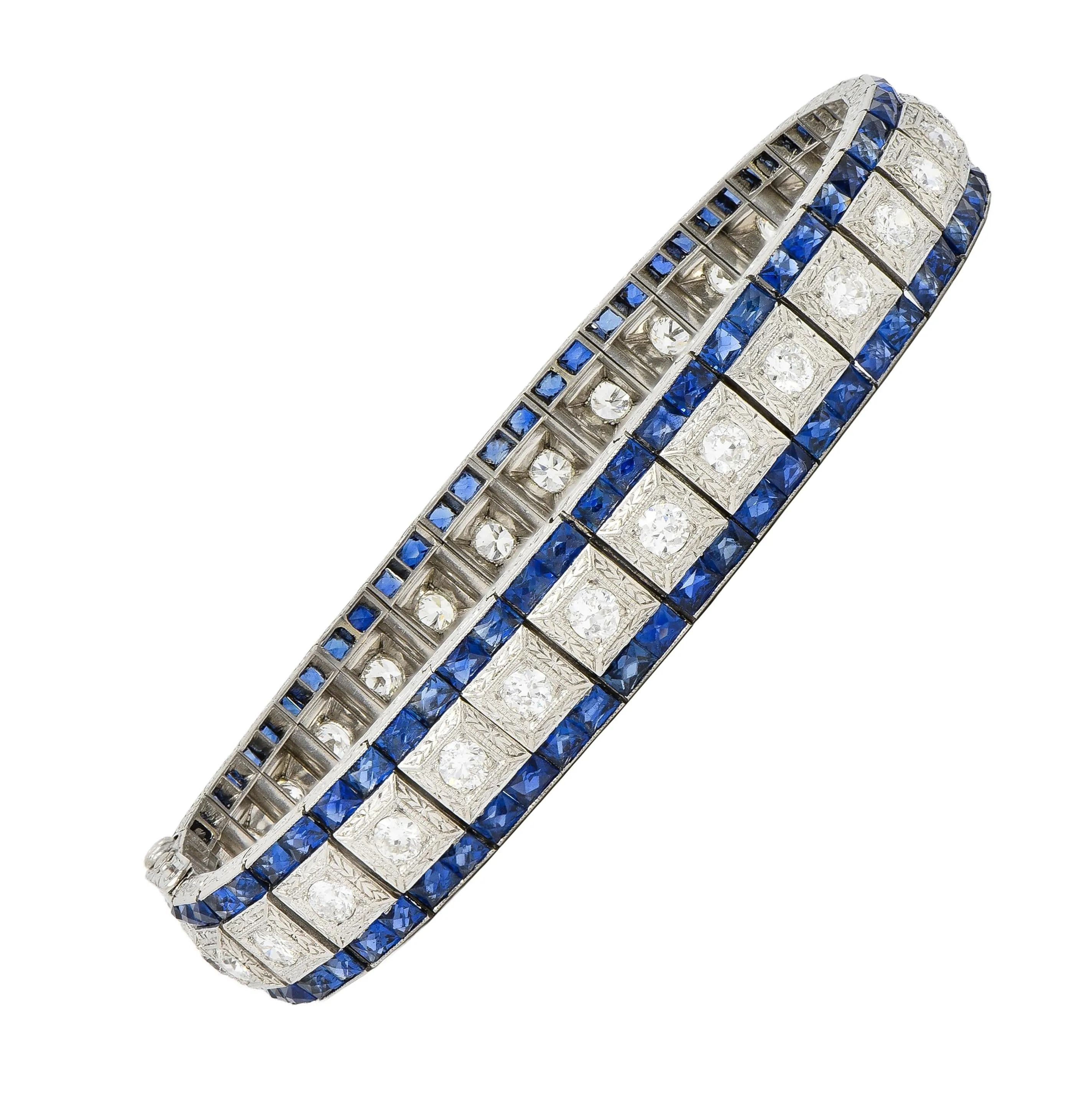 Black Starr & Frost Art Deco 19.72 CTW Diamond Sapphire Platinum Vintage Line Bracelet