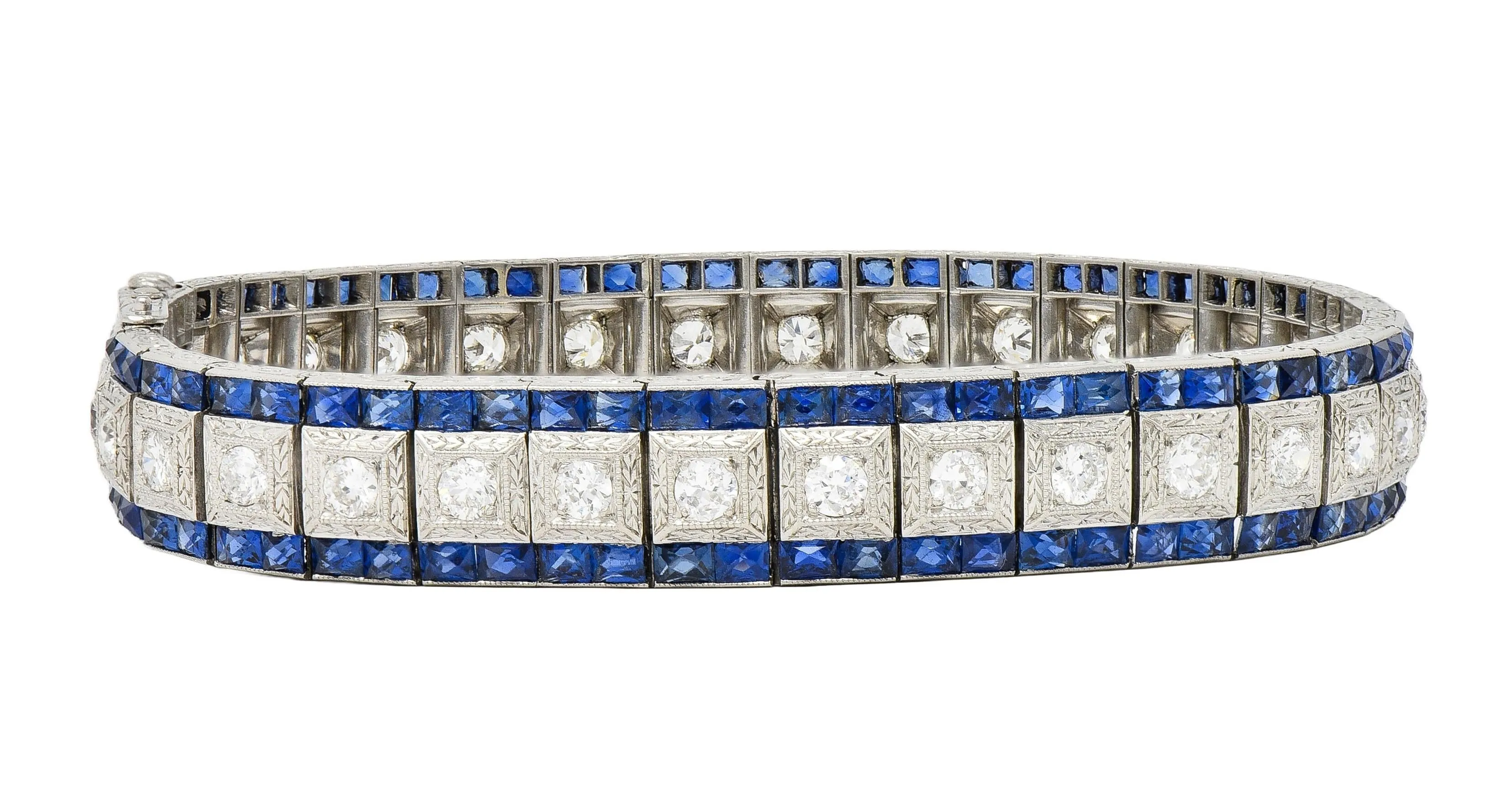 Black Starr & Frost Art Deco 19.72 CTW Diamond Sapphire Platinum Vintage Line Bracelet