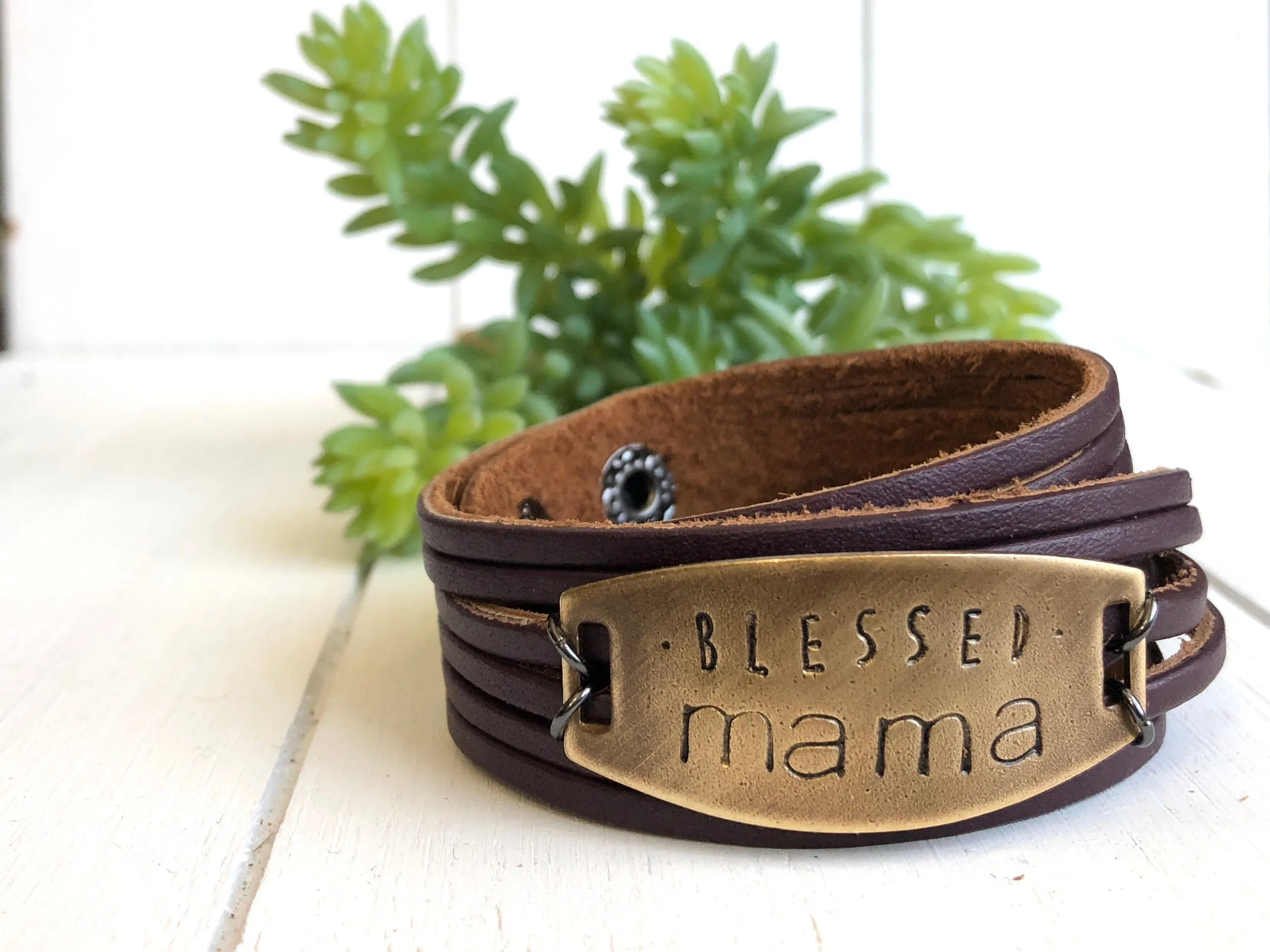 BLESSED MAMA Plum Leather Wrap & Bronze Shield Bracelet | Adjustable