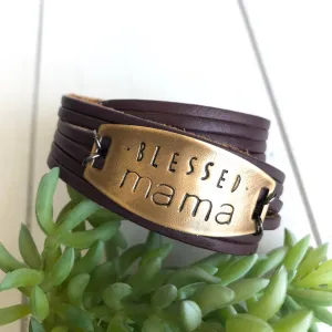 BLESSED MAMA Plum Leather Wrap & Bronze Shield Bracelet | Adjustable