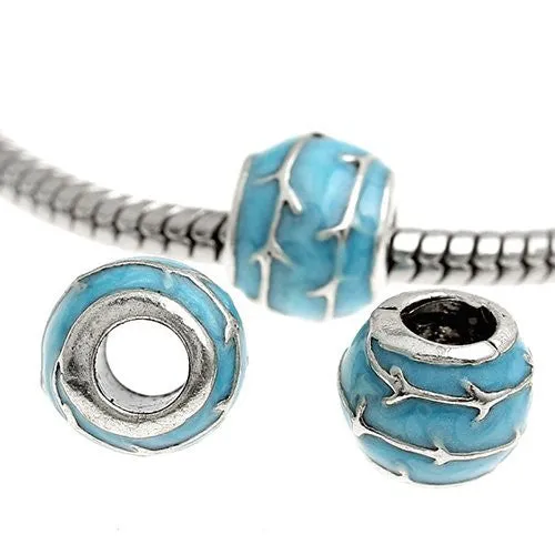 Blue Enamel Barrel with Vines European Bead Compatible for Most European Snake Chain Bracelet
