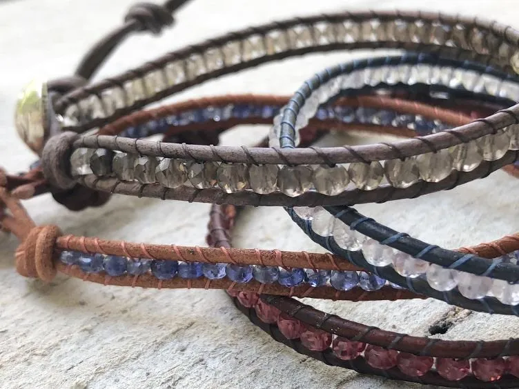 Blue Iolite Leather Om Button Wrap Bracelet