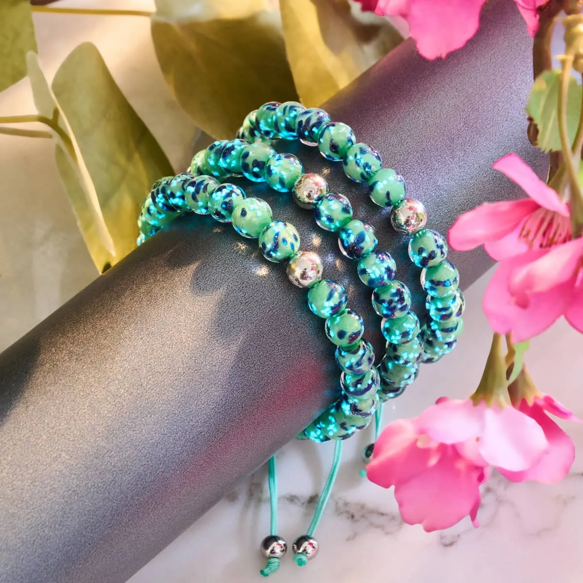 Blue Mint | Silver | Firefly Glass Macrame Bracelet