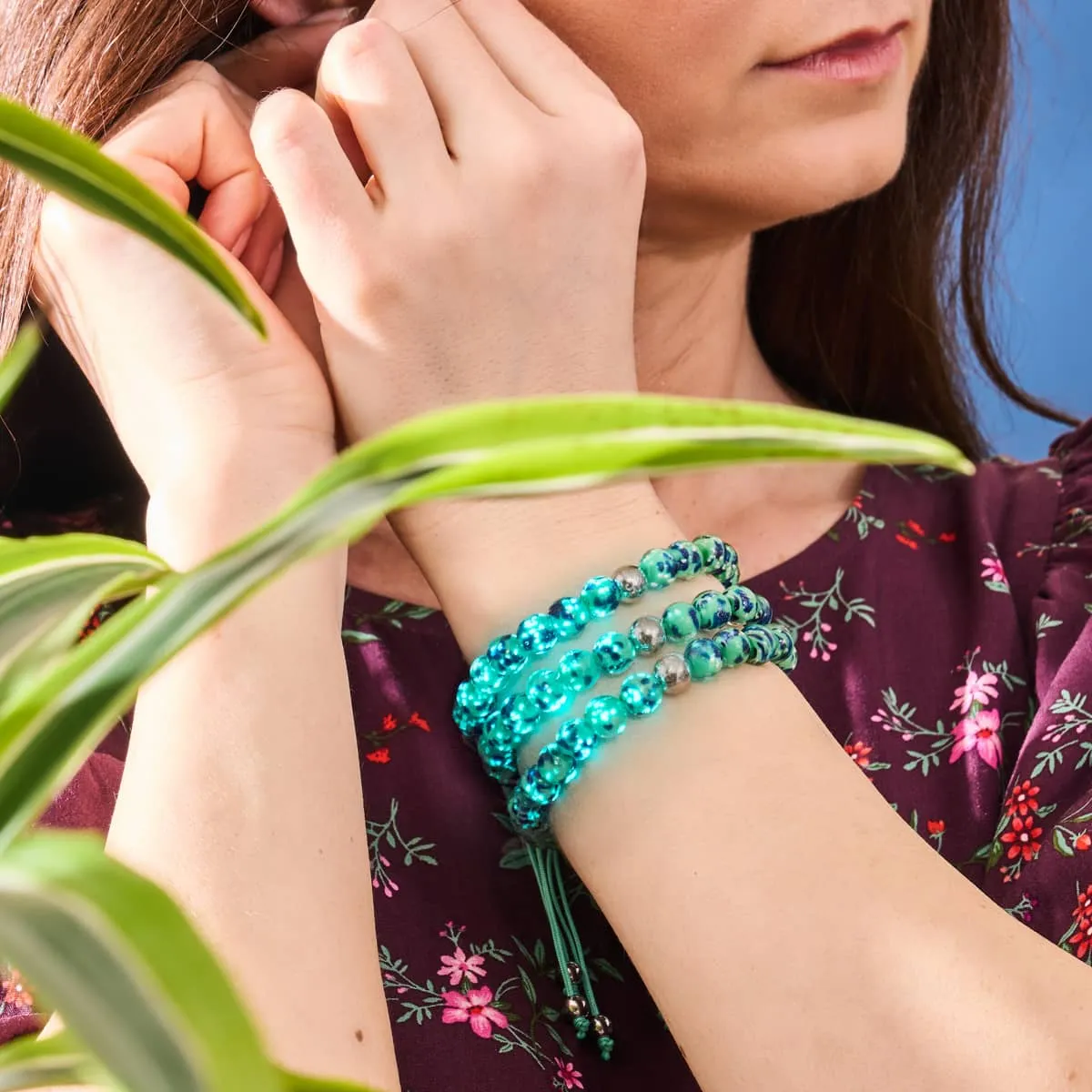 Blue Mint | Silver | Firefly Glass Macrame Bracelet