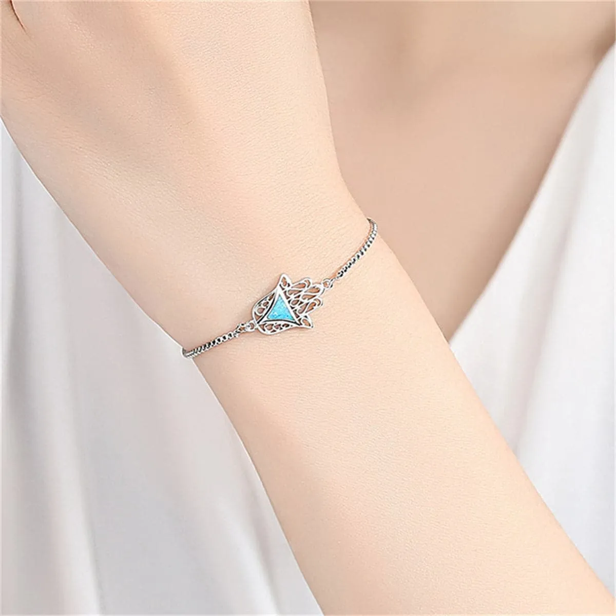 Blue Opal & Silver-Plated Palm Adjustable Bracelet