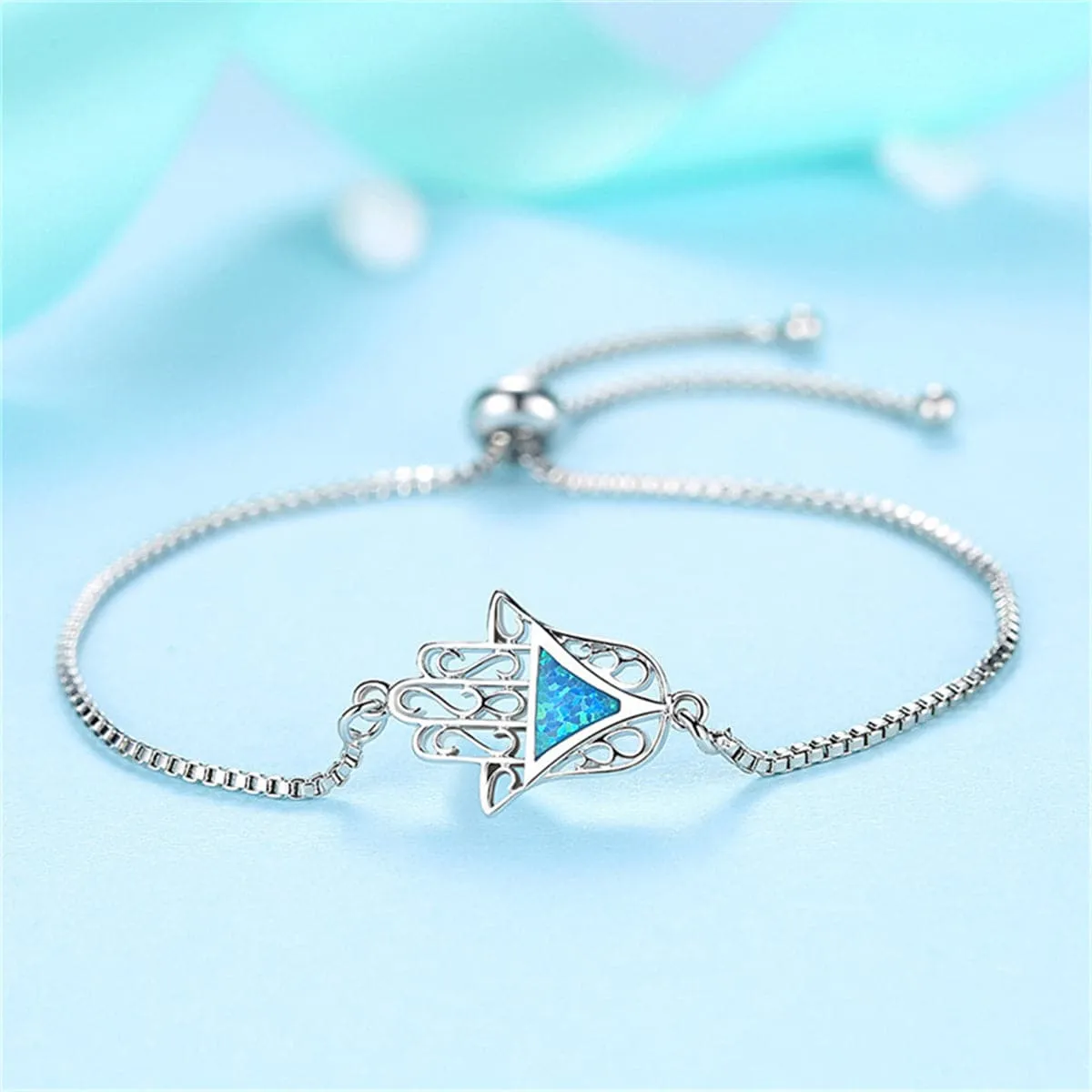 Blue Opal & Silver-Plated Palm Adjustable Bracelet