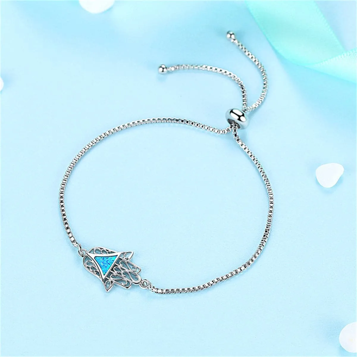 Blue Opal & Silver-Plated Palm Adjustable Bracelet