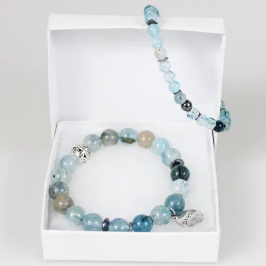 Blue Rutilated Quartz Bead Bracelet Set