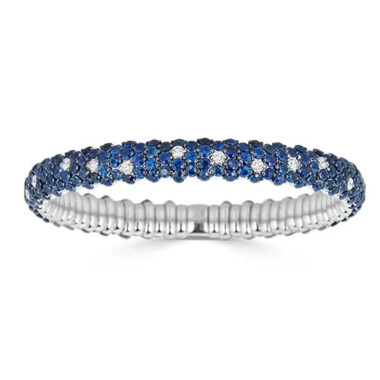 Blue Sapphire 18K White Gold Domed Stretch Bracelet