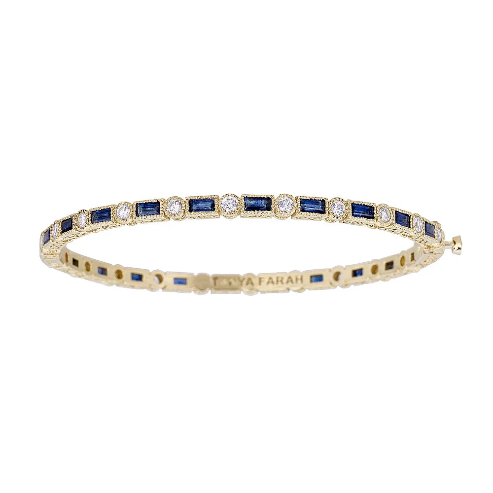 Blue Sapphire Baguette & White Diamond Bezel Eternity Bangle