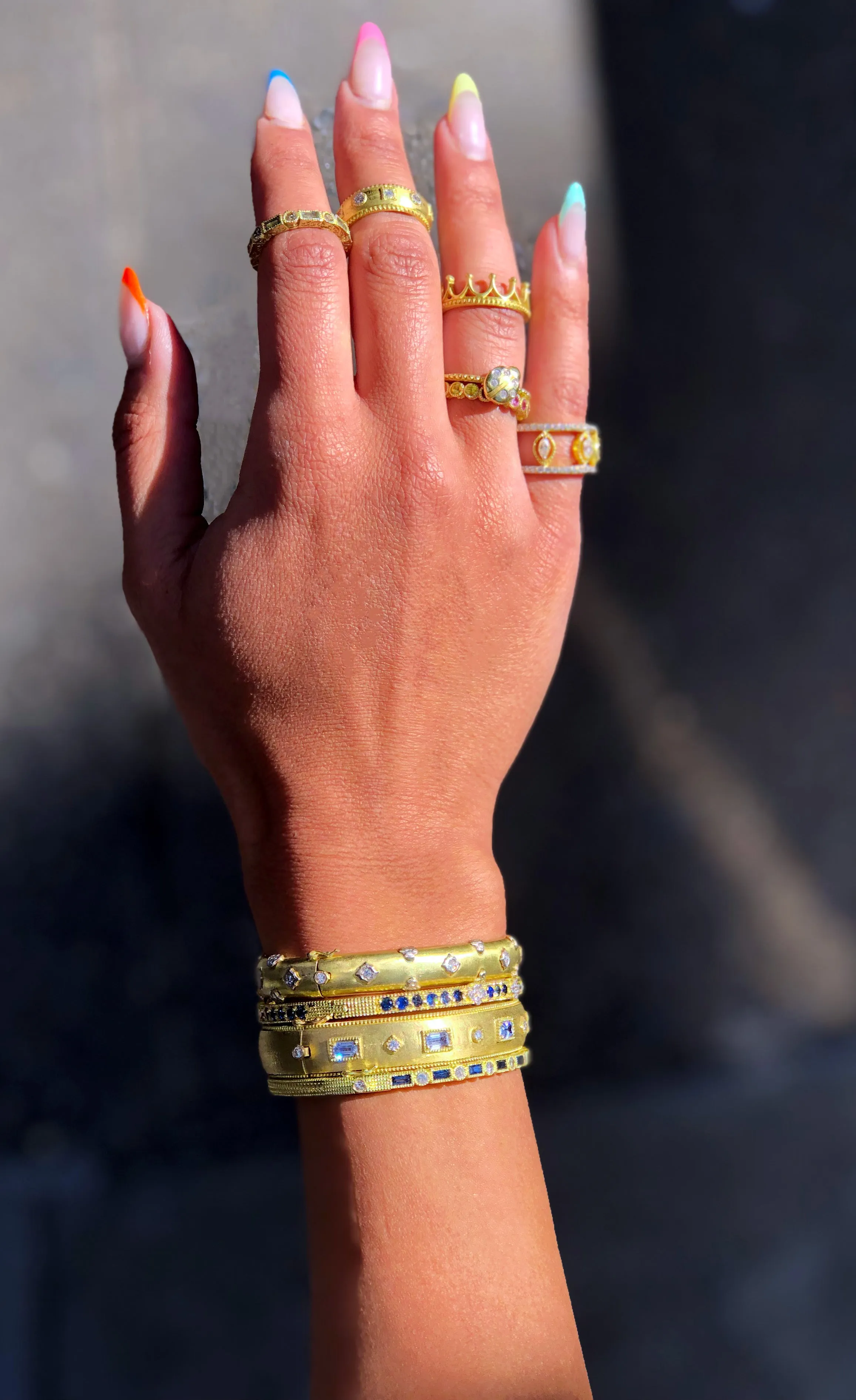 Blue Sapphire Baguette & White Diamond Bezel Eternity Bangle