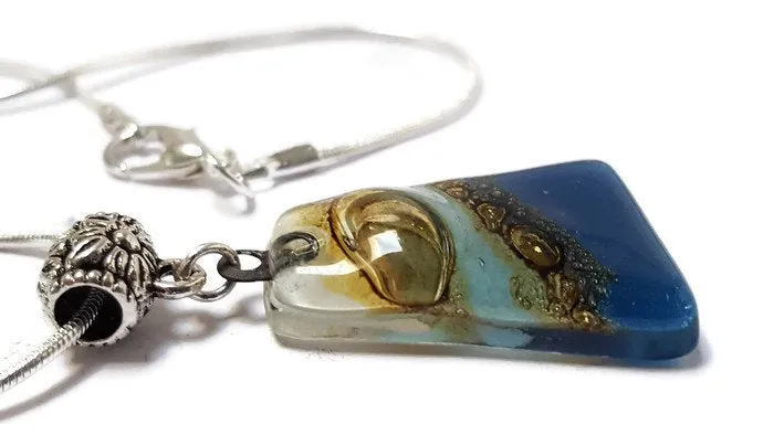 Blue. white and Brown Fused Glass small Pendant. Recycled Glass Necklace