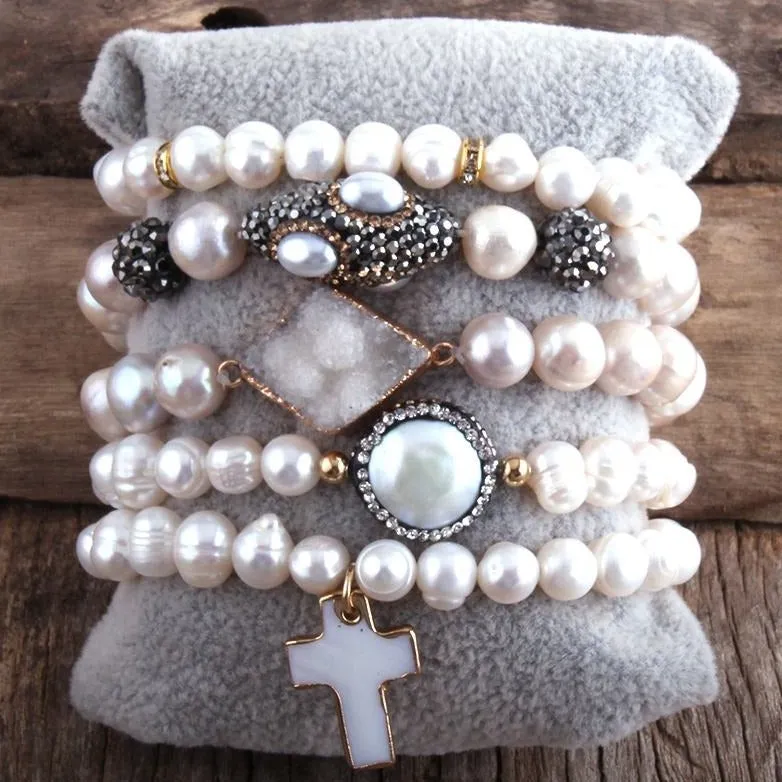 Boho & Mala Freshwater Pearl Elastic Bracelet Set Stackable BS102