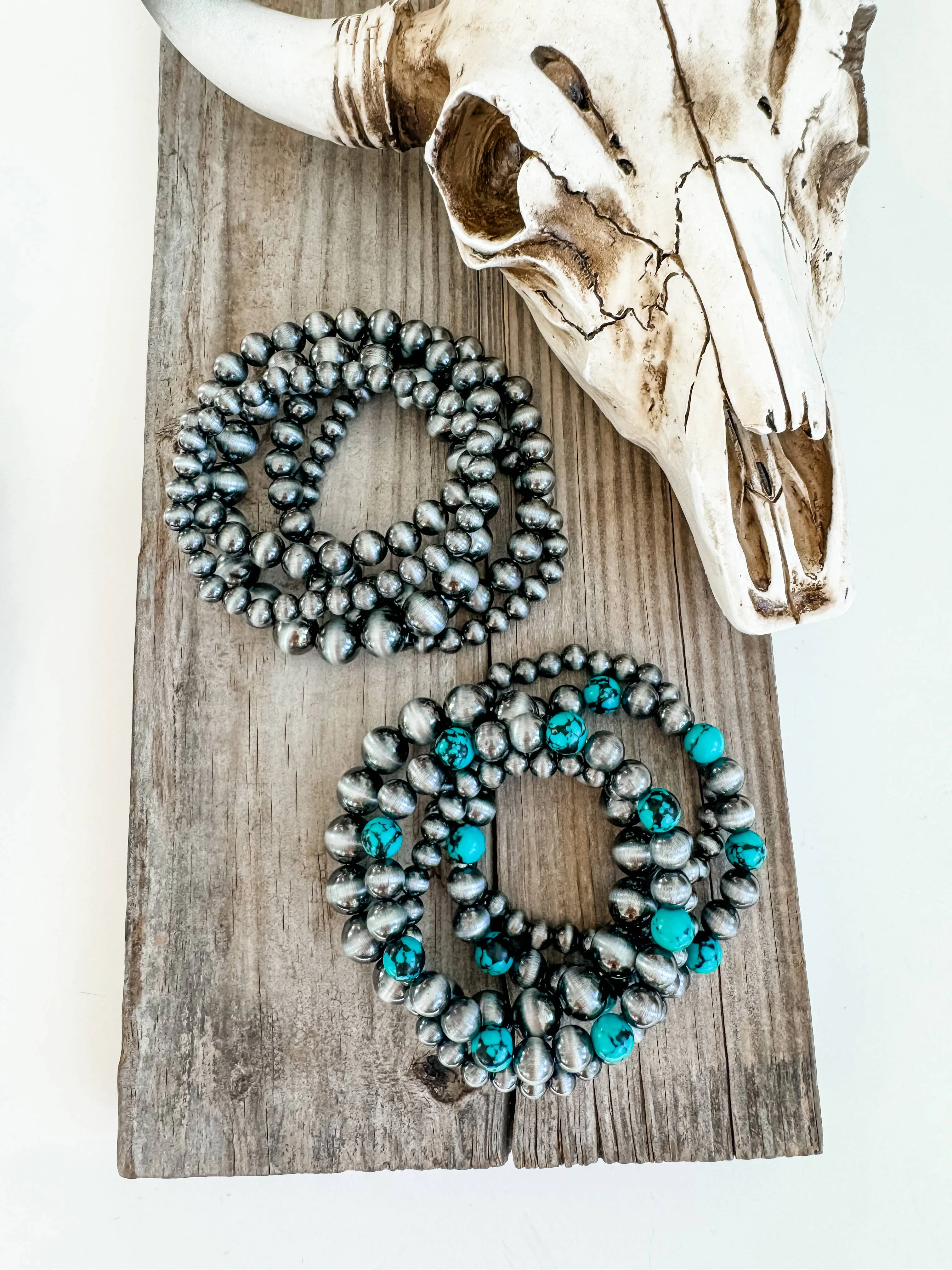 Boho Ranch Shop - Western Navajo Style Bead Stretch Bracelets: SILVER   TURQUOISE