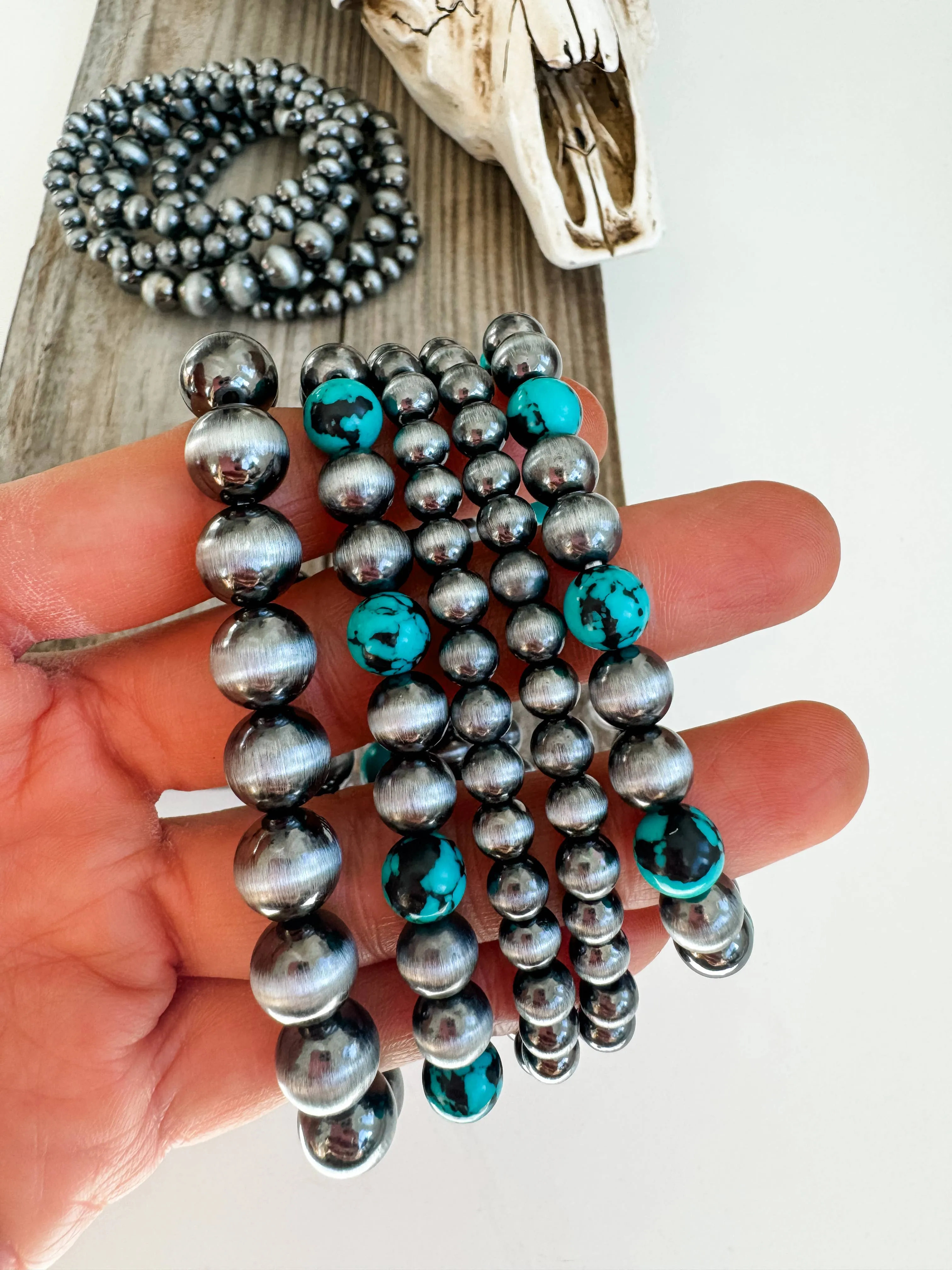 Boho Ranch Shop - Western Navajo Style Bead Stretch Bracelets: SILVER   TURQUOISE