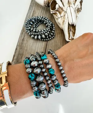 Boho Ranch Shop - Western Navajo Style Bead Stretch Bracelets: SILVER   TURQUOISE