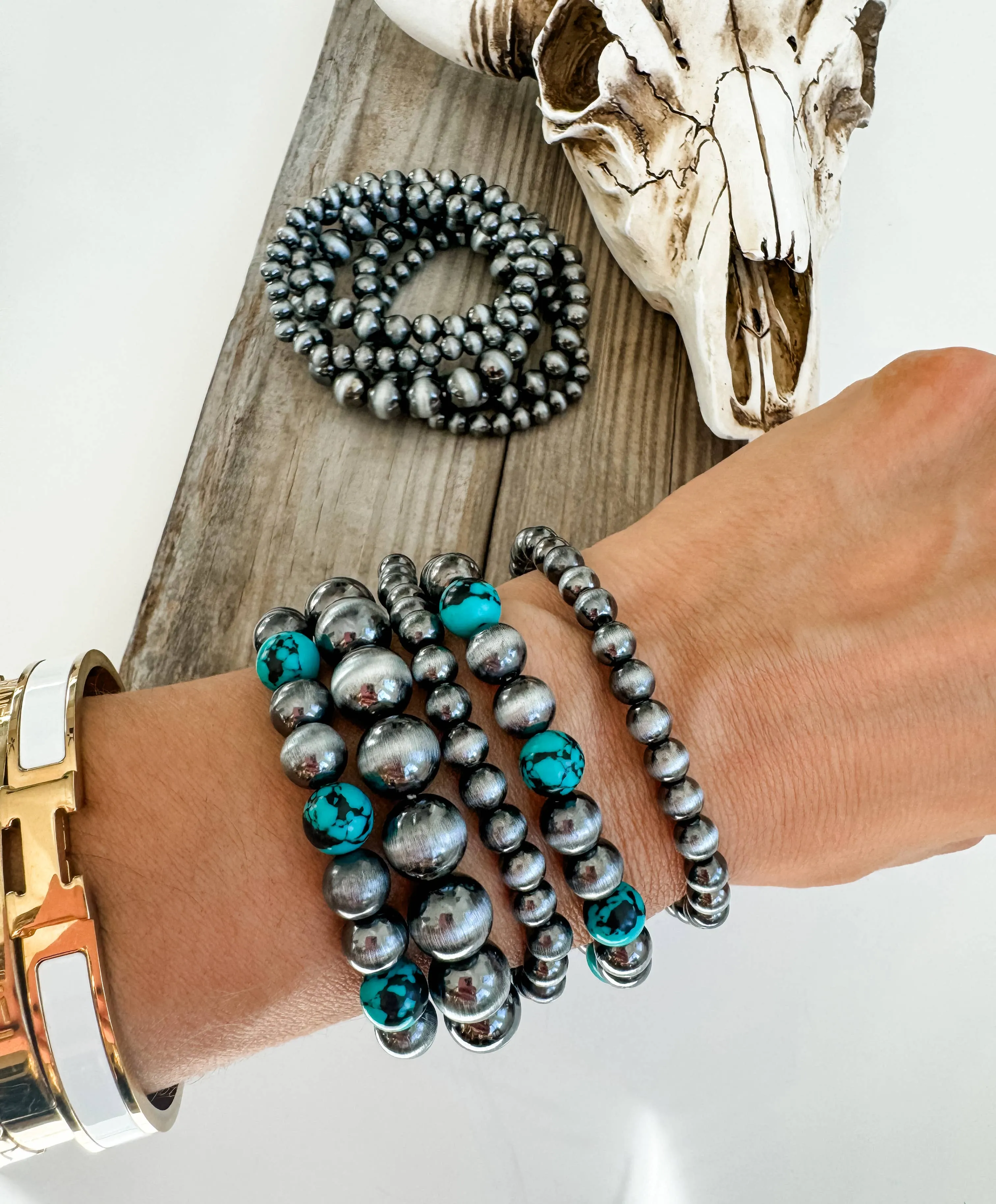 Boho Ranch Shop - Western Navajo Style Bead Stretch Bracelets: SILVER   TURQUOISE