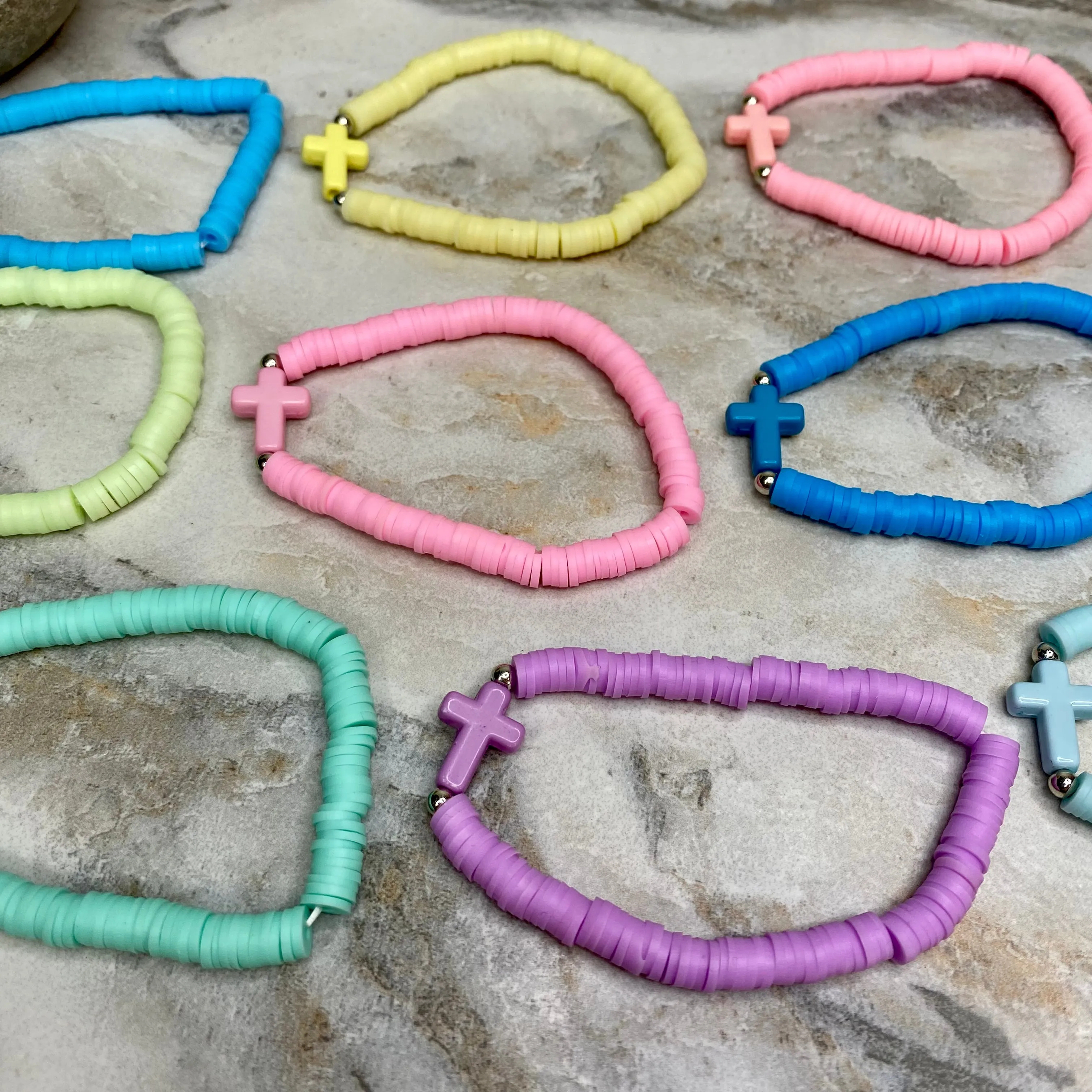 Bracelet - Clay   Bead - Easter Religious Cross Pastel Colors