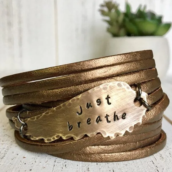 BRONZE | 4 Phrases | Bronze Angel Wing | Double Leather Wrap Bracelet | Adjustable