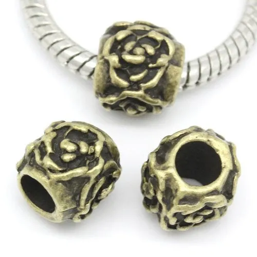 Bronze Plated Flower Carved on European Bead Compatible for Most European Snake Chain Bracelet