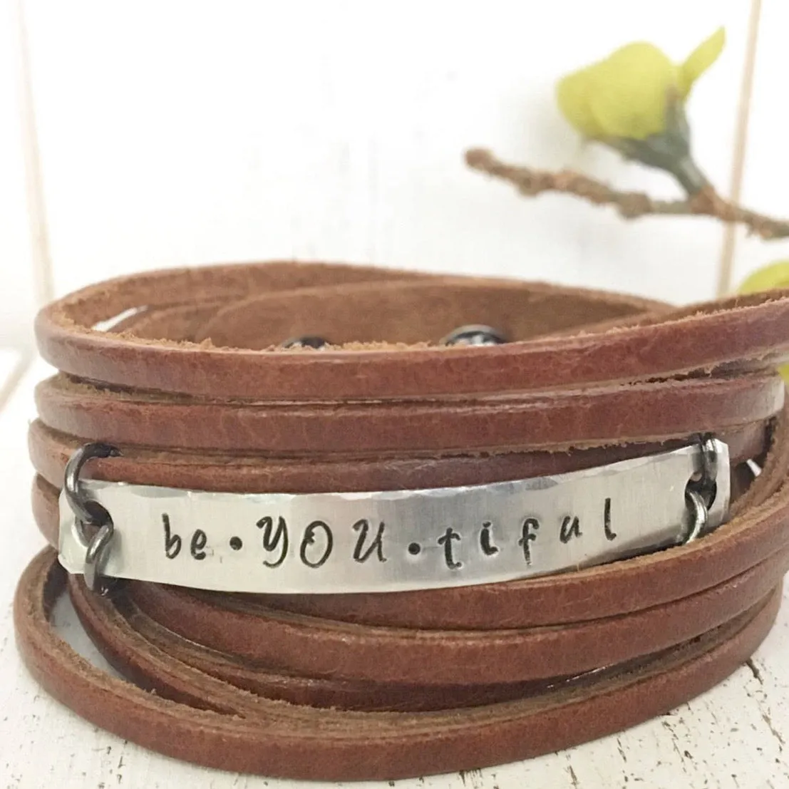 Brown Leather Wrap Bracelet, Choose Your Phrase, adjustable