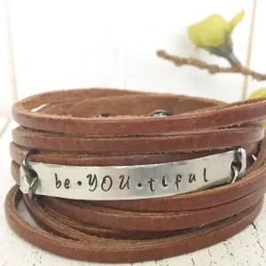 Brown Leather Wrap Bracelet, Choose Your Phrase, adjustable
