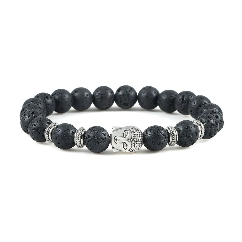 Buddha Head Bracelet Natural Onyx Lava Beads Bangle