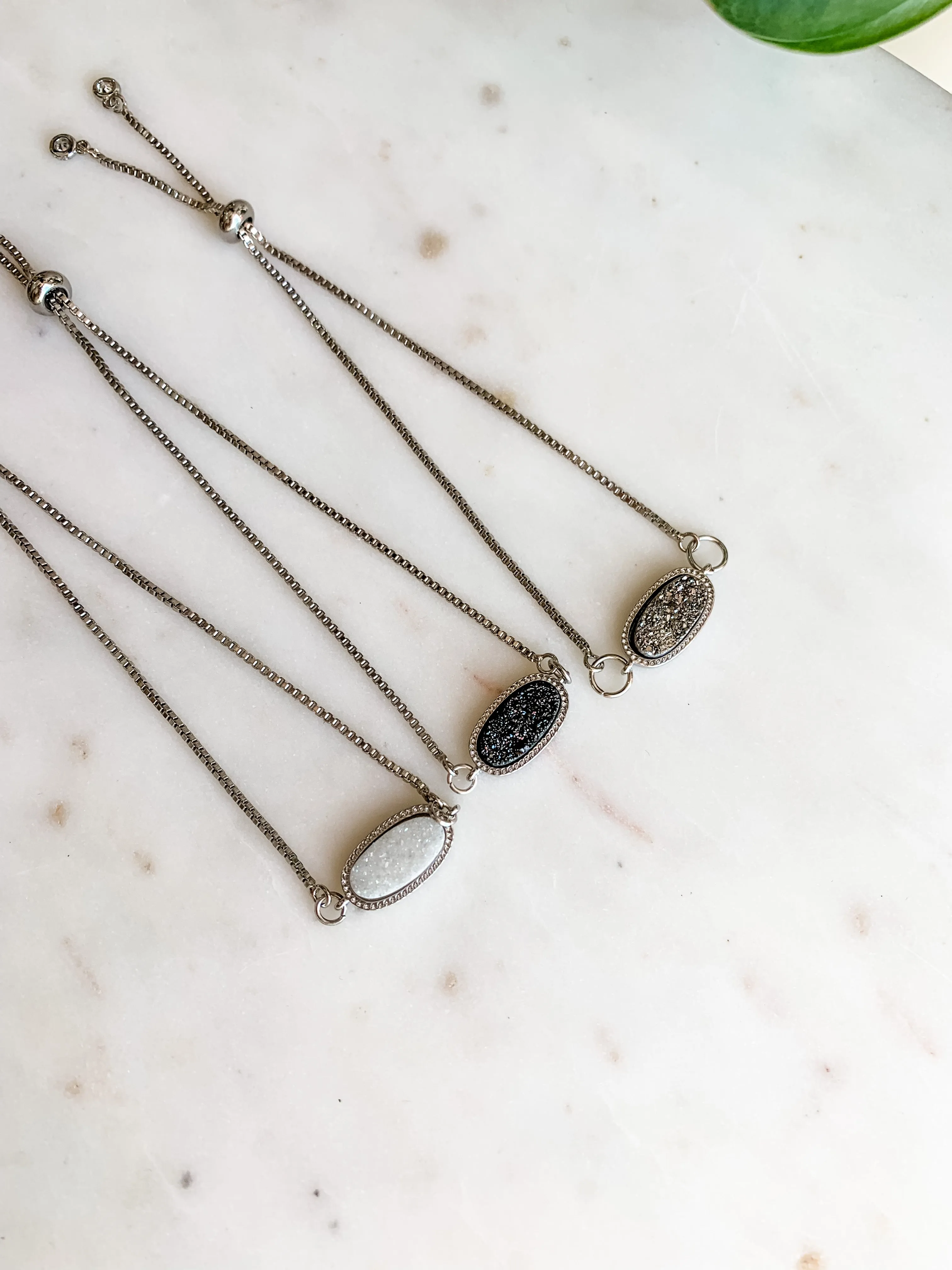Charcoal Druzy Silver Bolo Bracelet