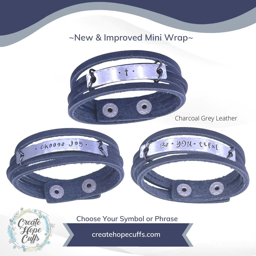 Charcoal Grey MiNi Wrap Personalized Leather Bracelet | Women Teens | Adjustable