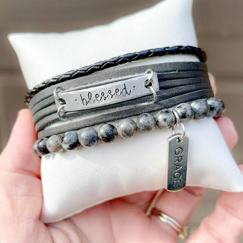 Charcoal Grey MiNi Wrap Personalized Leather Bracelet | Women Teens | Adjustable