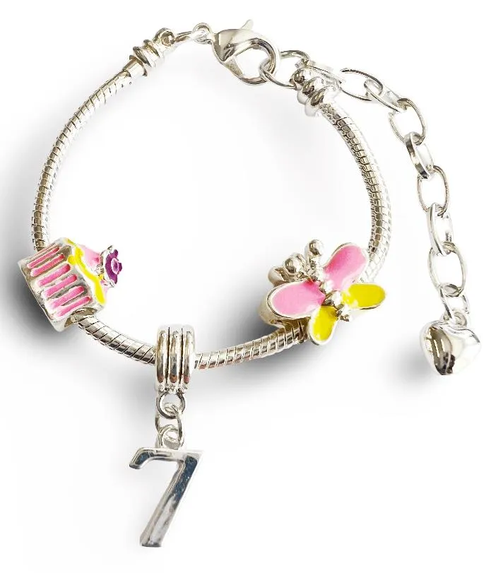 Children's Adjustable 'Happy Birthday To You - Age 7' Silver Plated Charm Bead Bracelet
